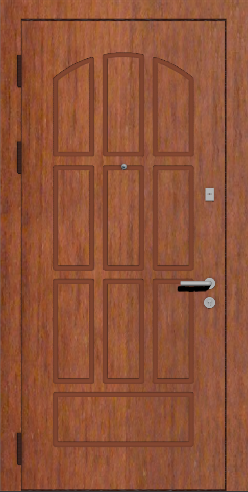 Классическая входная дверь с отделкой шпон красное дерево и фрезеровкой А6